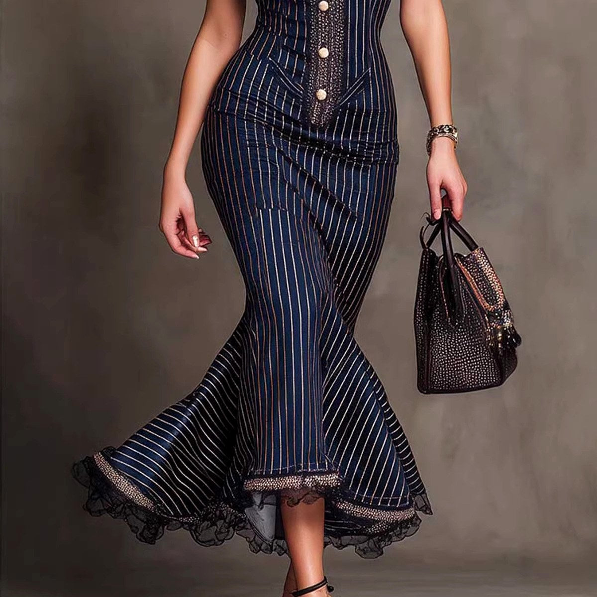 Katy - Women's Lace Trim Pinstripe Mermaid Dress 3