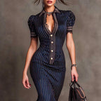 Katy - Women's Lace Trim Pinstripe Mermaid Dress 4