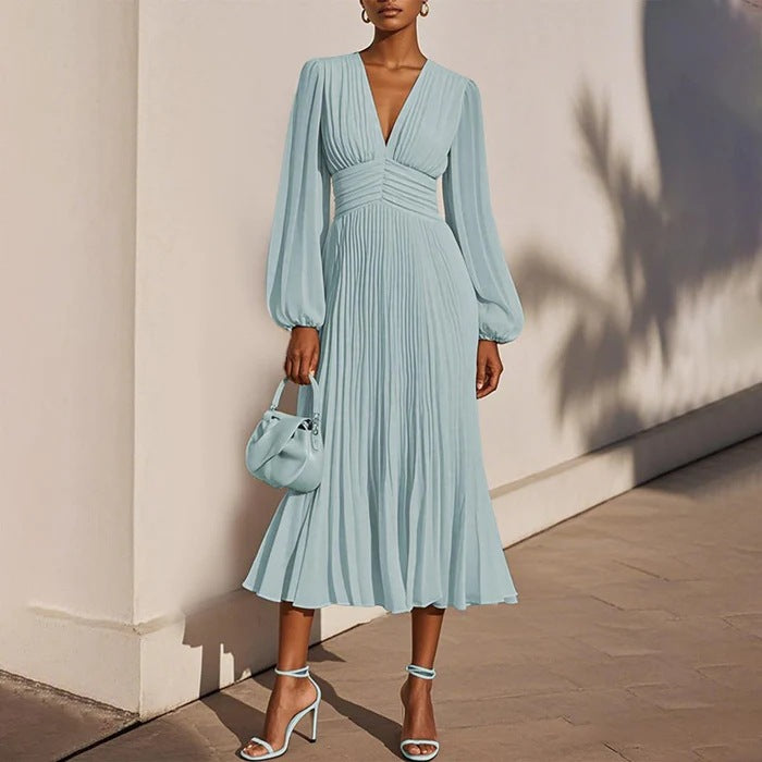 Kiana - Women's V-Neck Pleated Long Sleeve Midi Dress 1