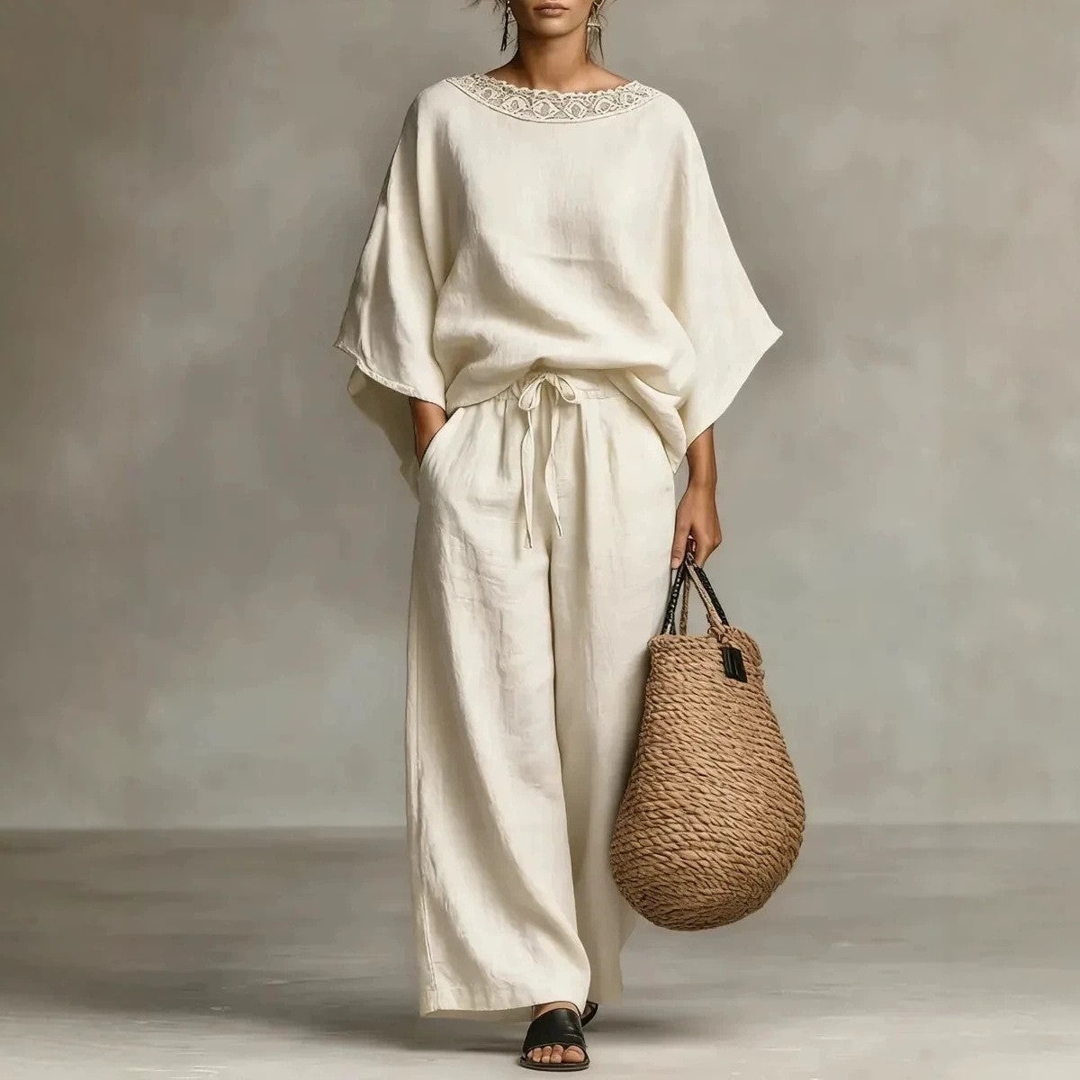 Kirsten - Women's Lace Neck Relaxed Batwing Co-Ord Set 1