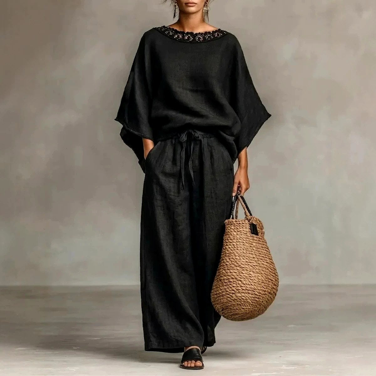 Kirsten - Women's Lace Neck Relaxed Batwing Co-Ord Set 3