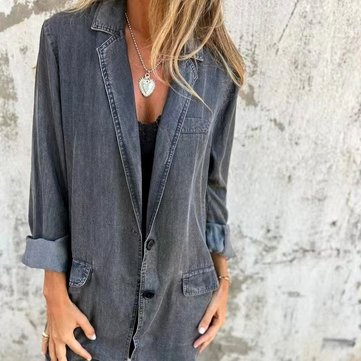Kyla - Women's Denim Lapel Longline Loose Fit Jacket 3