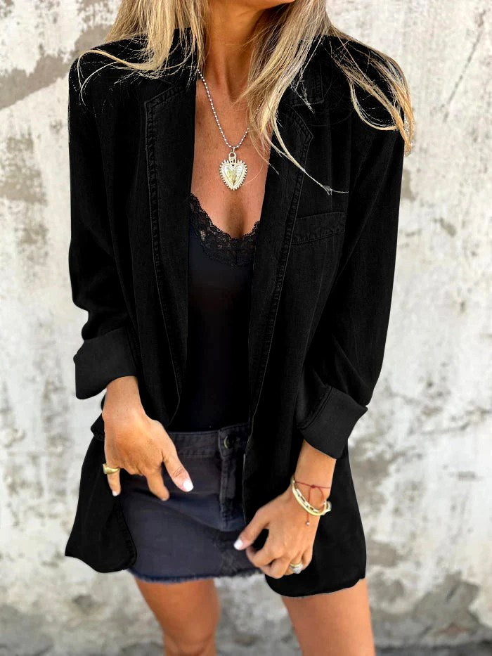 Kyla - Women's Denim Lapel Longline Loose Fit Jacket 4