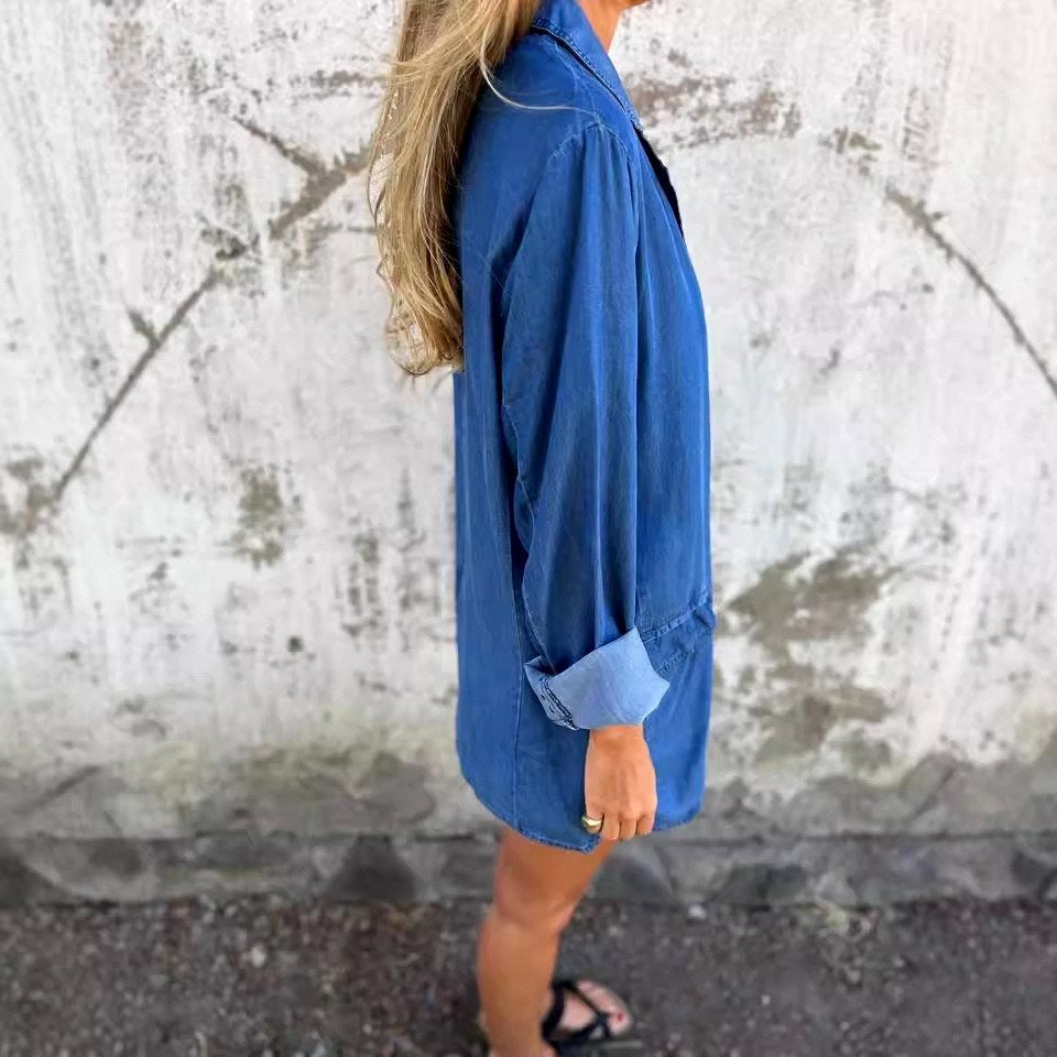 Kyla - Women's Denim Lapel Longline Loose Fit Jacket 6