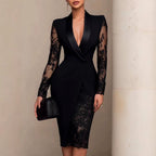Lacey - Women's Satin Lapel Lace Sleeve Evening Dress 1