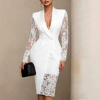 Lacey - Women's Satin Lapel Lace Sleeve Evening Dress 2