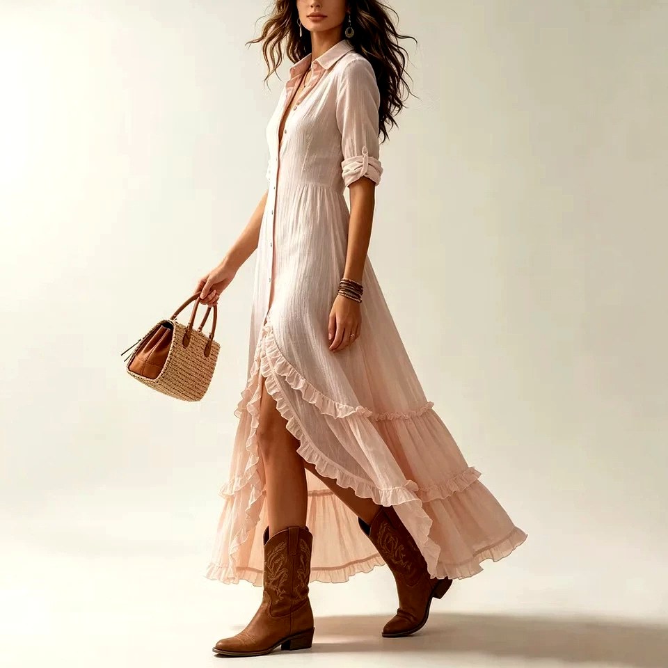 Lainey - Women's Ruffle Button-Down Maxi Shirt Dress 3