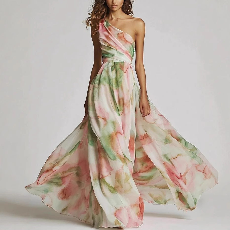Larissa - Women's One-Shoulder Watercolor Floral Maxi Dress 1
