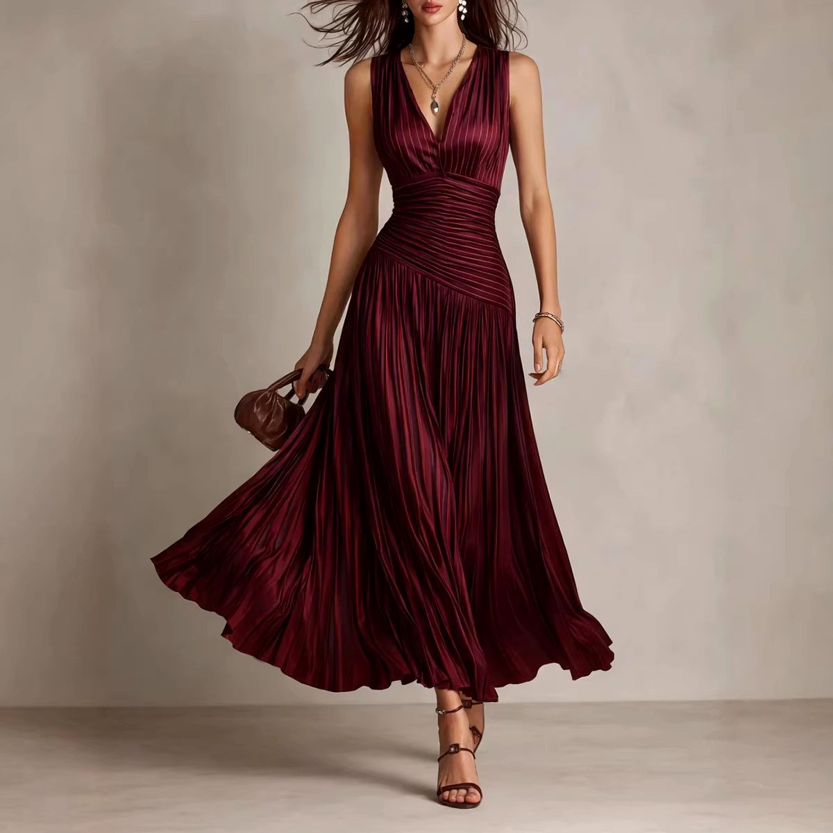 Larissa - Women's Pleated V-Neck Midi Dress 1