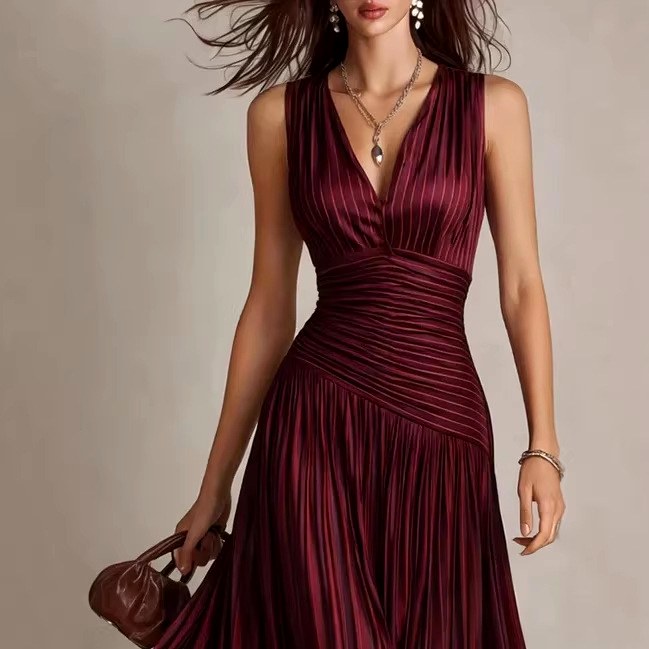 Larissa - Women's Pleated V-Neck Midi Dress 3