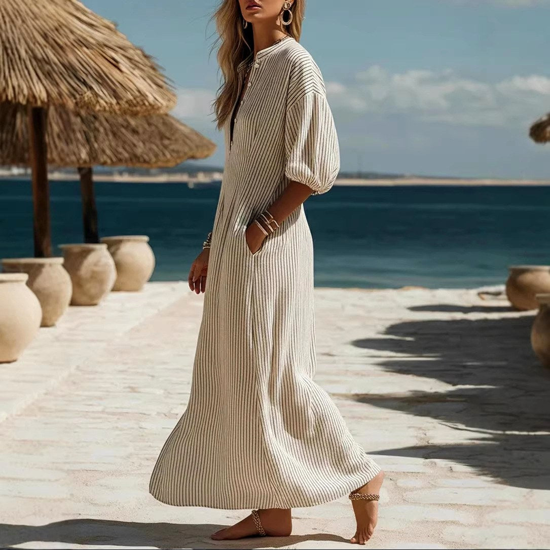 Laurel - Women's Striped Button-Neck Maxi Dress 3