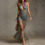 Leah - Women's Floral Halter Ruched Maxi Dress 1