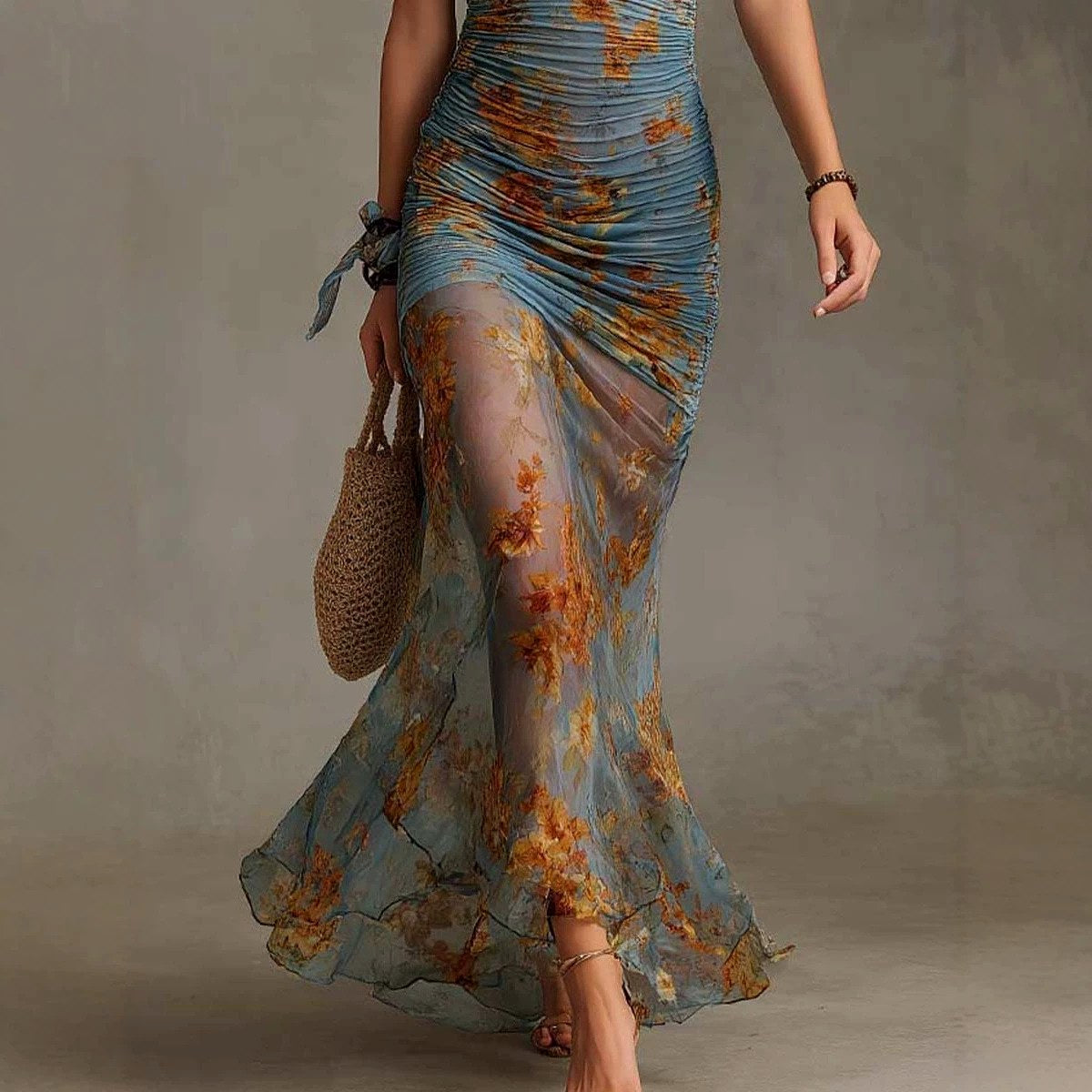 Leah - Women's Floral Halter Ruched Maxi Dress 3