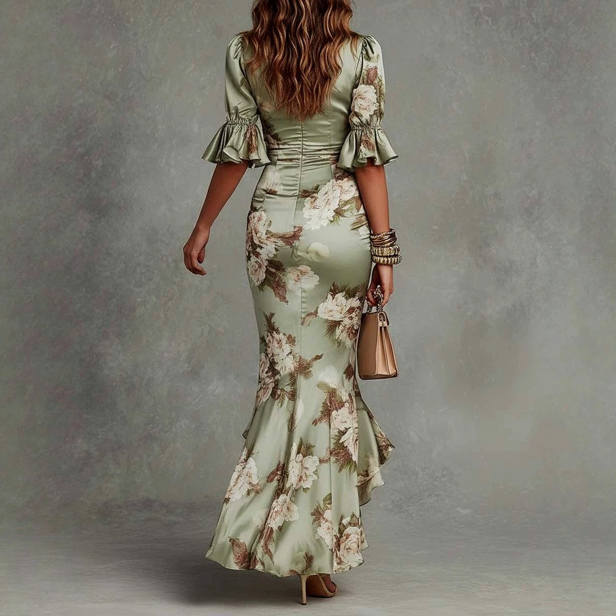 Leila - Women's Floral Bell Sleeve Ruched Maxi Dress 4