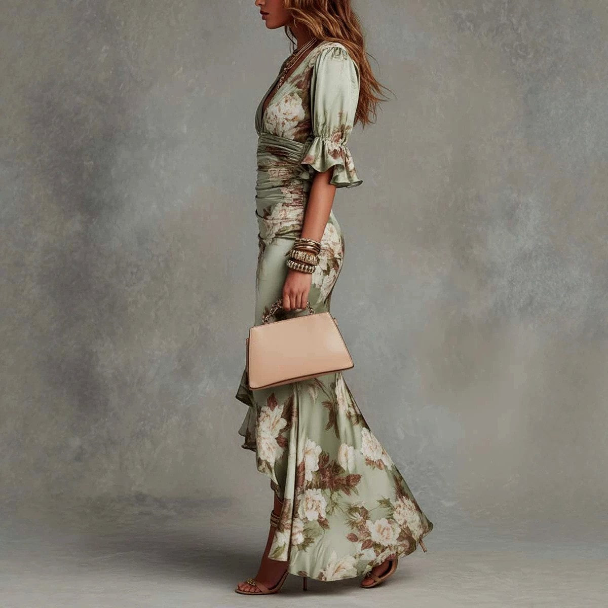 Leila - Women's Floral Bell Sleeve Ruched Maxi Dress 5
