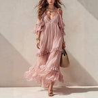 Leila - Women's Ruffle Sleeve Tiered Boho Maxi Dress 1