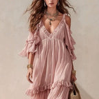 Leila - Women's Ruffle Sleeve Tiered Boho Maxi Dress 2