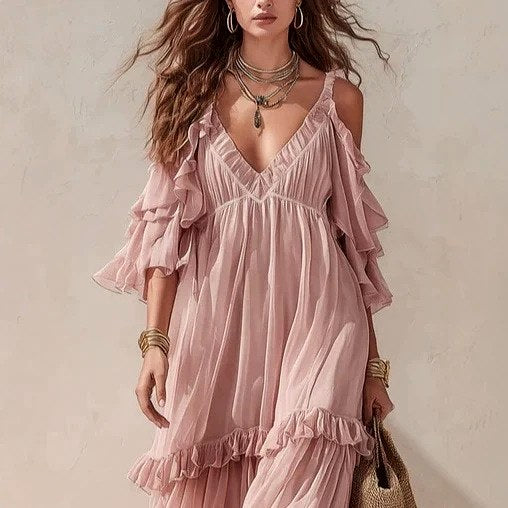 Leila - Women's Ruffle Sleeve Tiered Boho Maxi Dress 2