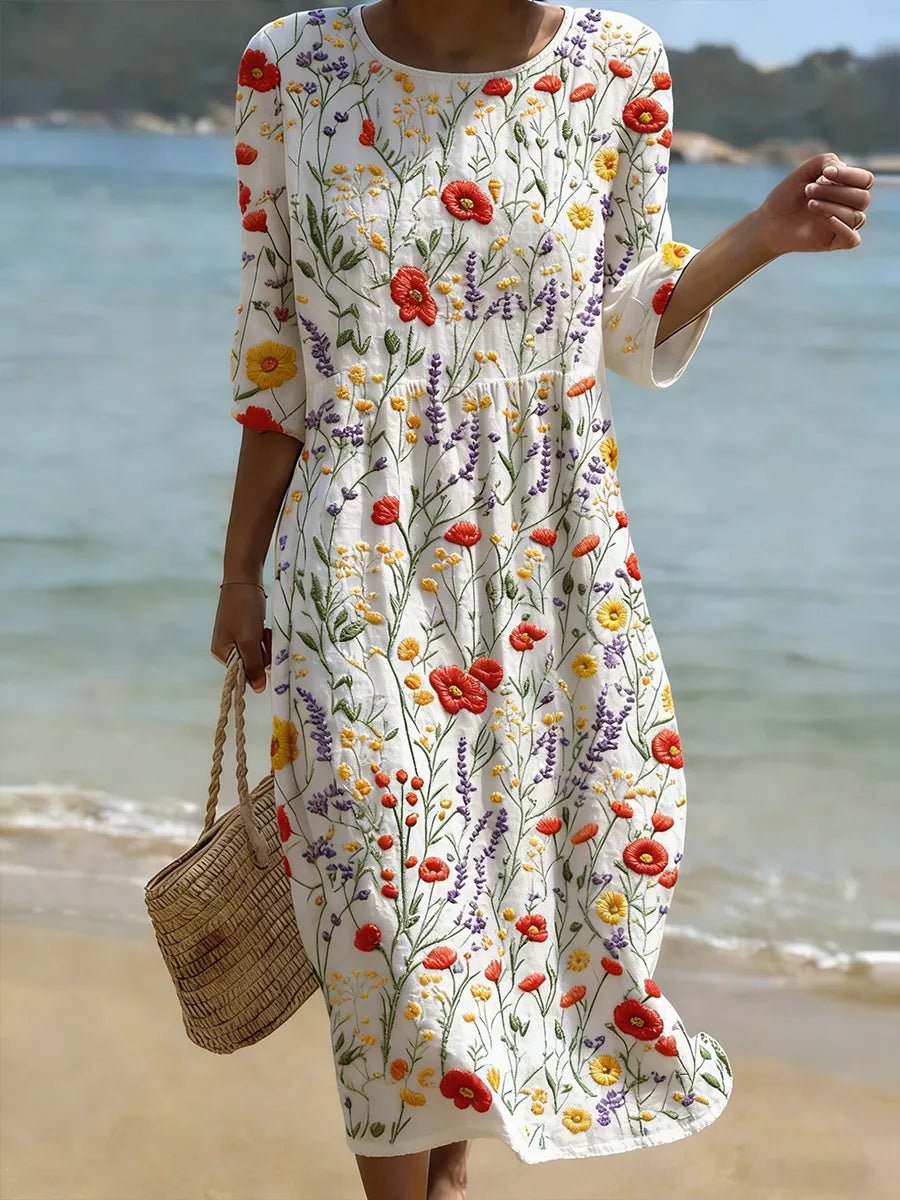 Lenore - Women's Floral A-Line Maxi Dress with Three-Quarter Sleeves