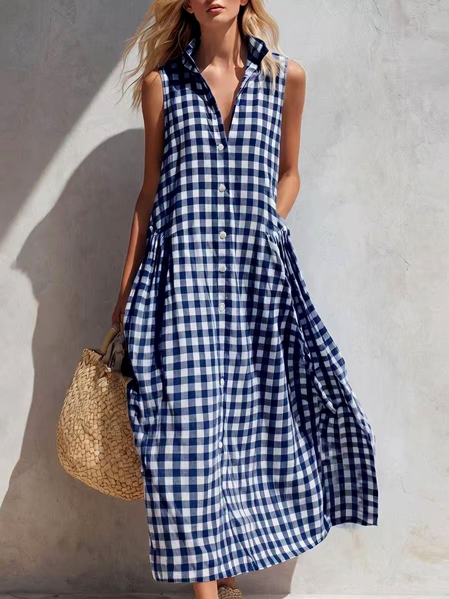 Leona - Women’s Gingham Sleeveless Button-Front Dress 2