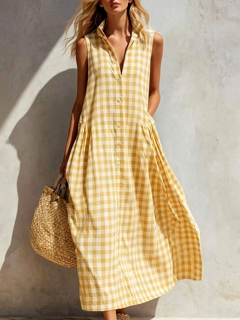 Leona - Women’s Gingham Sleeveless Button-Front Dress 6