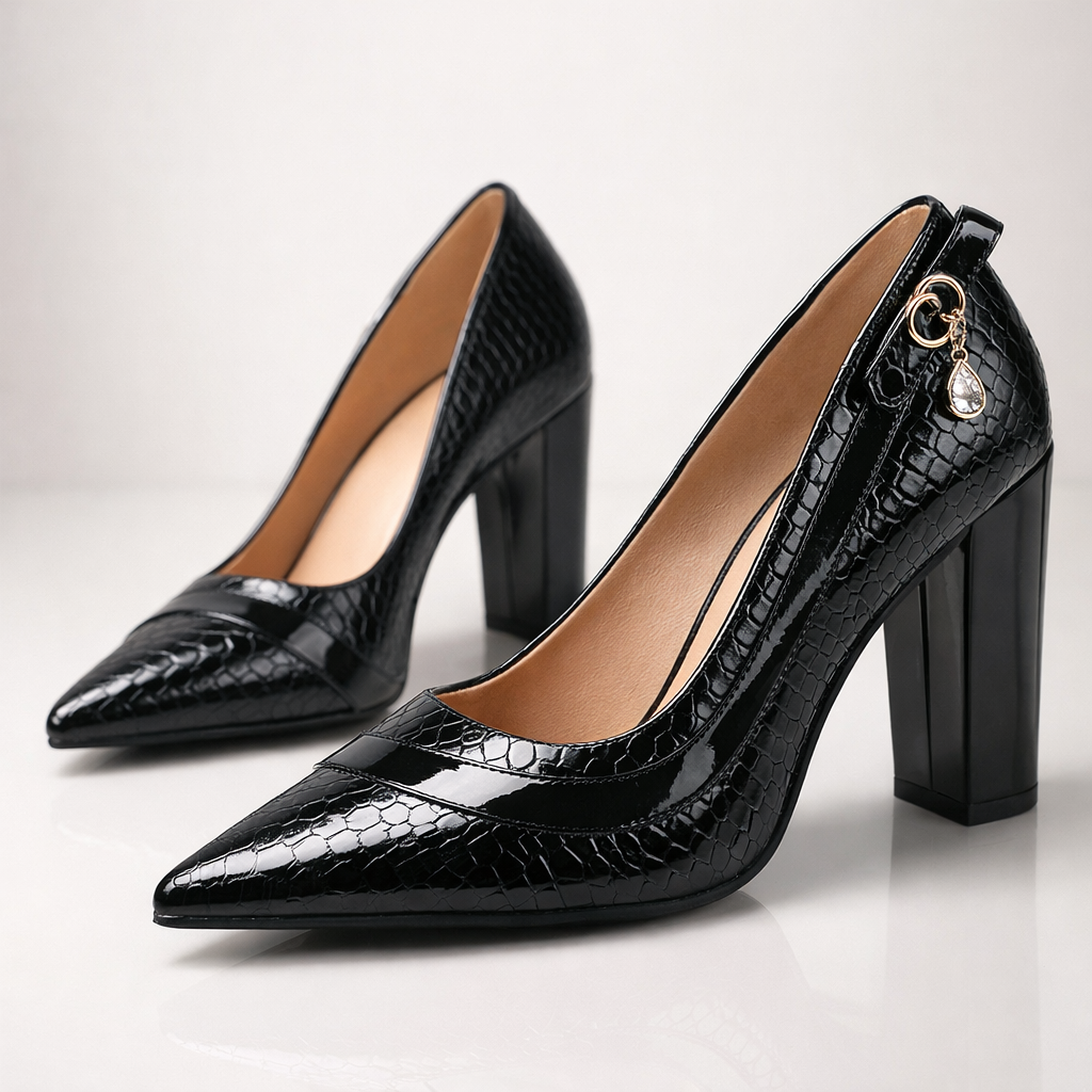 Leonora - Women's Croc-Embossed Pointed-Toe Block Heels