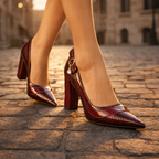 Leonora - Women's Croc-Embossed Pointed-Toe Block Heels