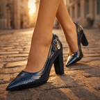 Leonora - Women's Croc-Embossed Pointed-Toe Block Heels