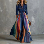 Liddy - Women's Rainbow Stripe Long Sleeve Button-Front Maxi Dress 1