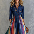 Liddy - Women's Rainbow Stripe Long Sleeve Button-Front Maxi Dress 2