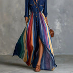 Liddy - Women's Rainbow Stripe Long Sleeve Button-Front Maxi Dress 3