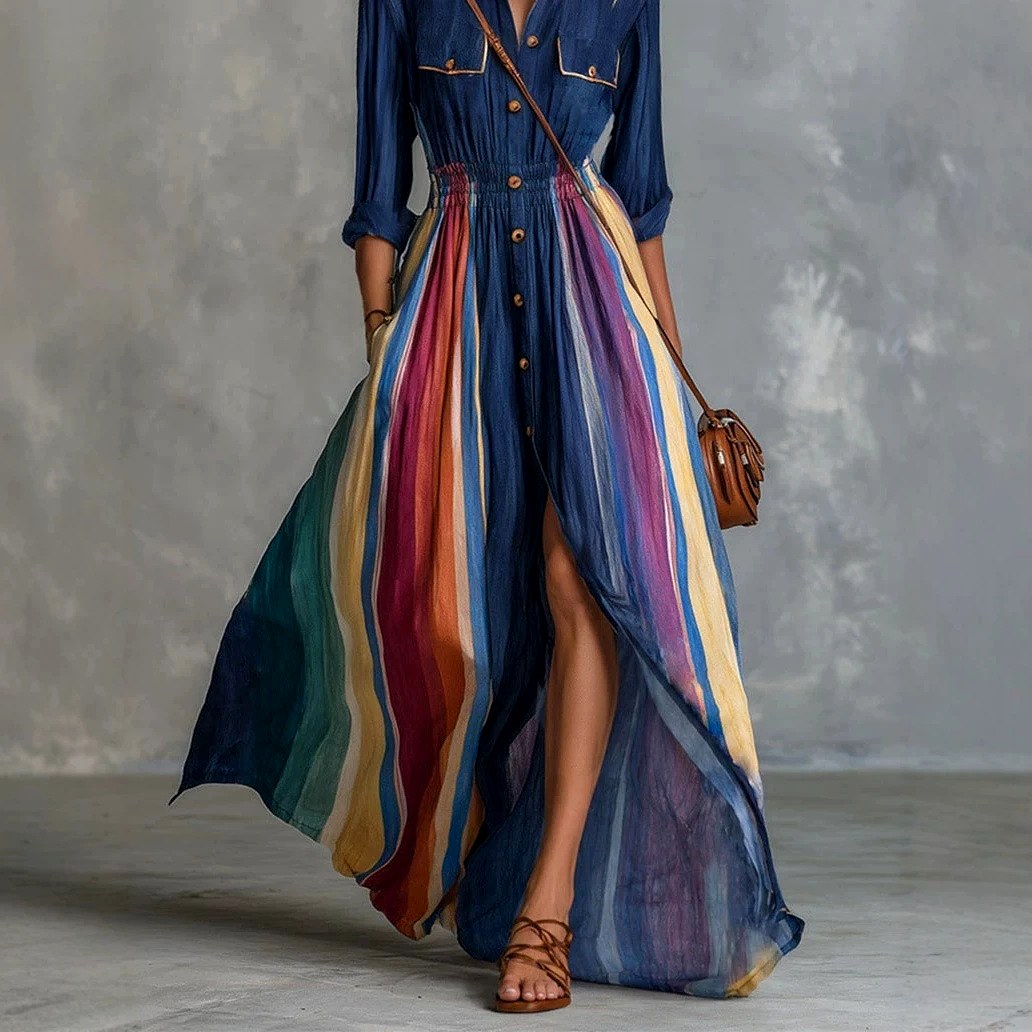Liddy - Women's Rainbow Stripe Long Sleeve Button-Front Maxi Dress 3