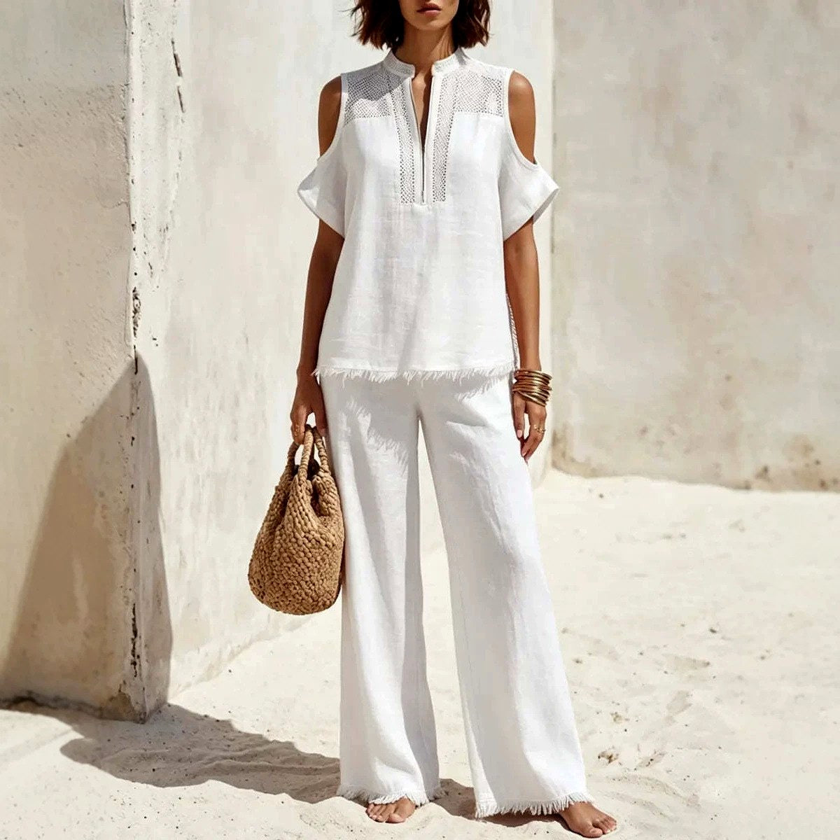Liesel - Women's Cotton Linen Off-Shoulder Matching Set 1