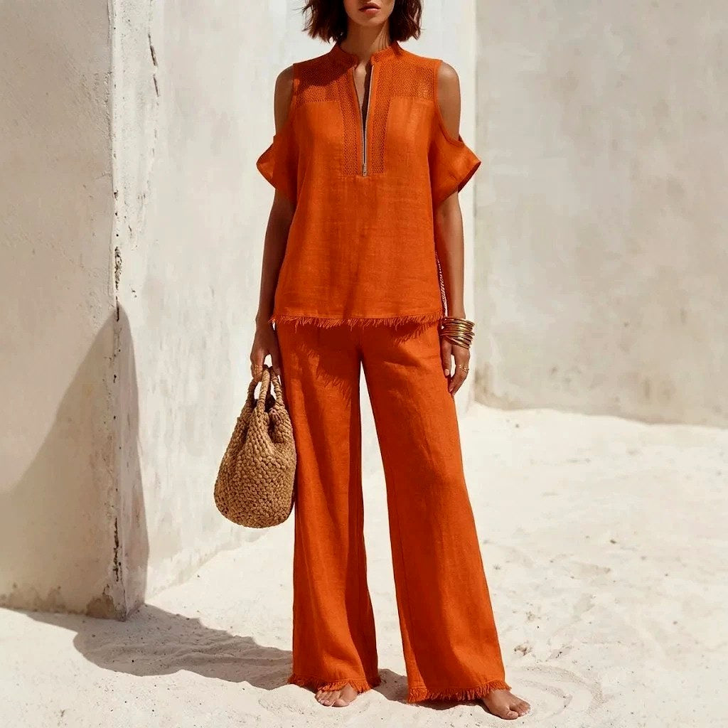 Liesel - Women's Cotton Linen Off-Shoulder Matching Set 3