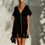 Liesel - Women's V-Neck Lace Trim Mini Dress 1
