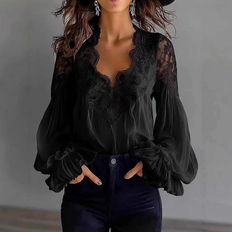 Lilian - Women's Floral Lace V-Neck Blouse 2