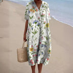 Liora - Women's Floral V-Neck Midi Dress with Gathered Waist