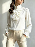 Lorraine - Women's Stand Collar Ruffle Cuff Blouse 1