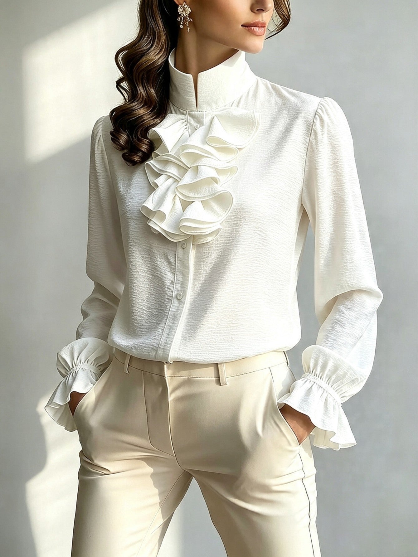Lorraine - Women's Stand Collar Ruffle Cuff Blouse 1