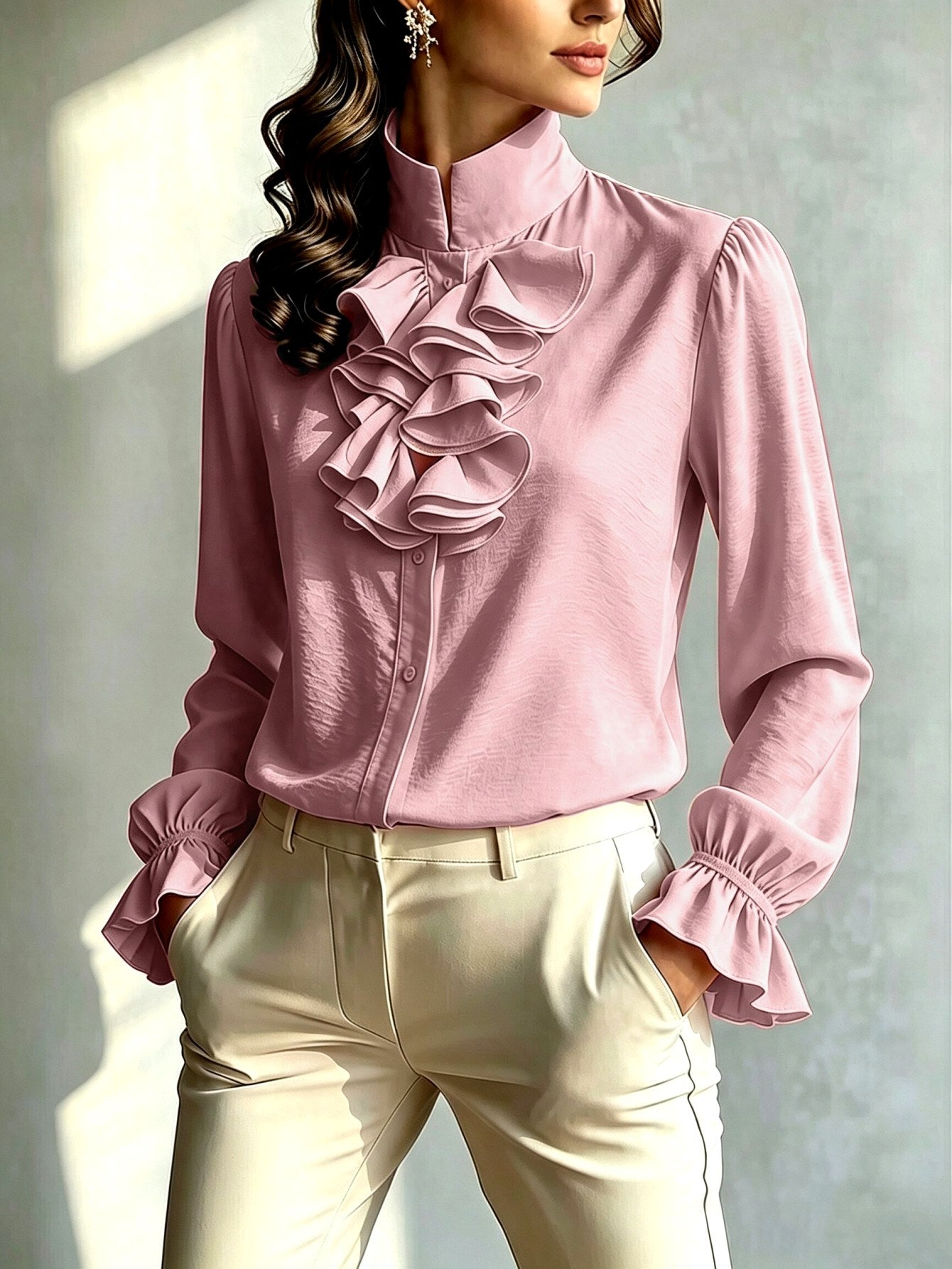 Lorraine - Women's Stand Collar Ruffle Cuff Blouse 2