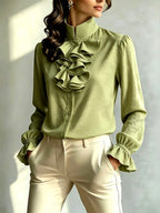 Lorraine - Women's Stand Collar Ruffle Cuff Blouse 3