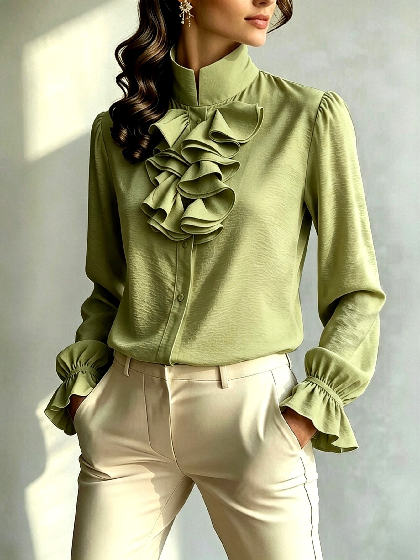 Lorraine - Women's Stand Collar Ruffle Cuff Blouse 3