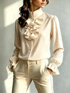 Lorraine - Women's Stand Collar Ruffle Cuff Blouse 4