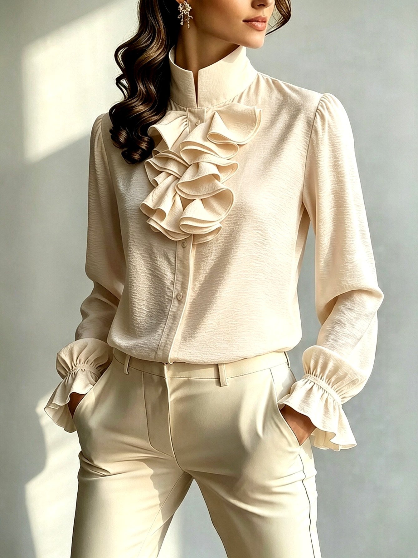 Lorraine - Women's Stand Collar Ruffle Cuff Blouse 4