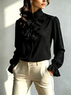 Lorraine - Women's Stand Collar Ruffle Cuff Blouse 5
