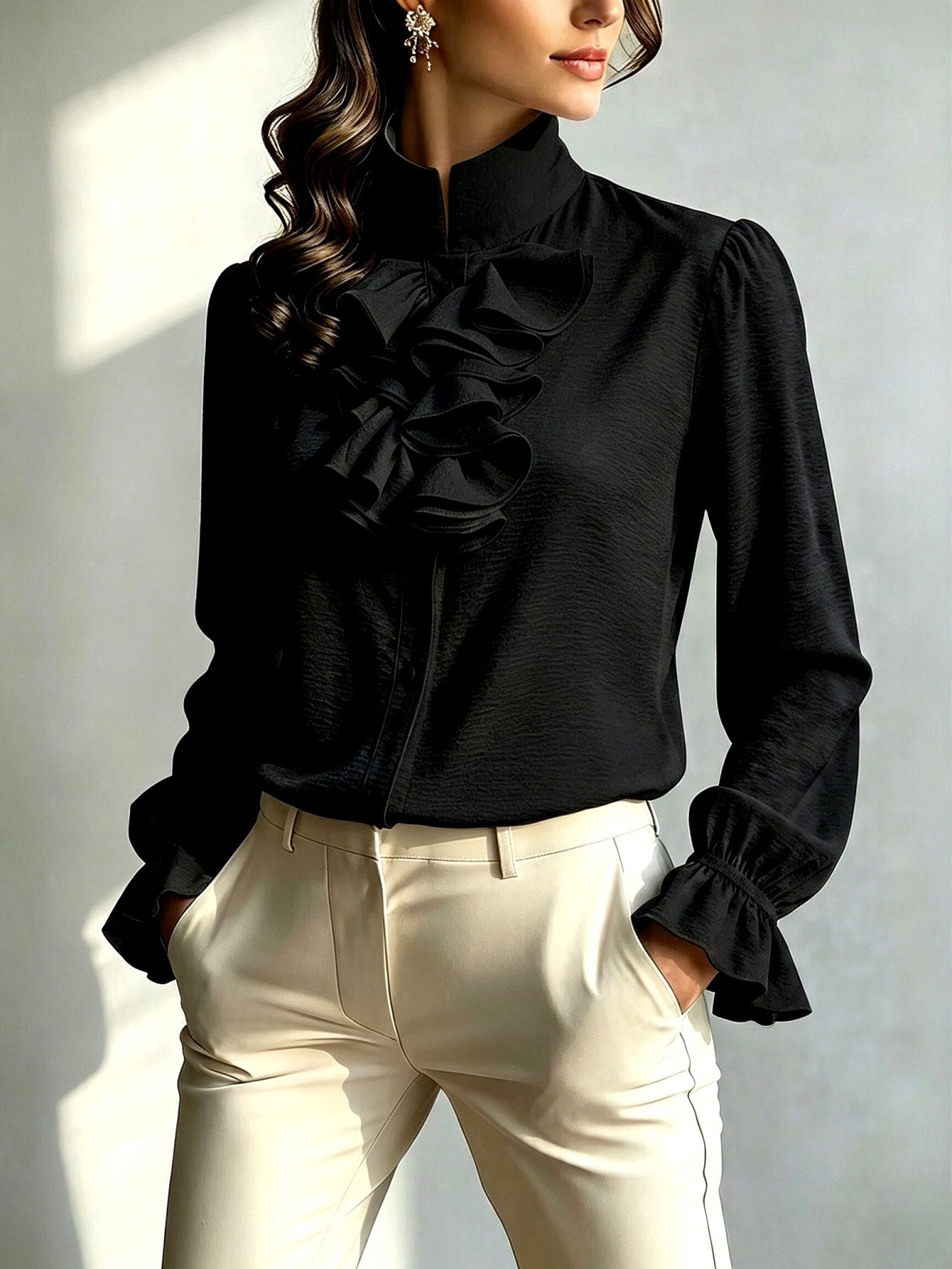 Lorraine - Women's Stand Collar Ruffle Cuff Blouse 5