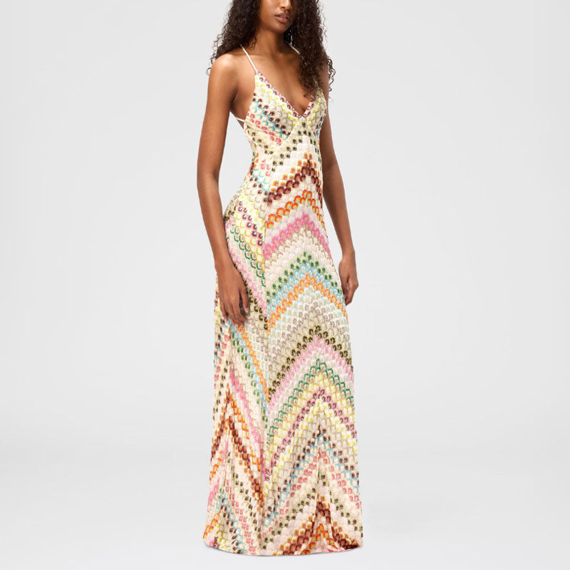 Lucienne - Women's Chevron Crochet Halter Maxi Dress