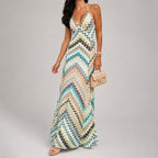 Lucienne - Women's Chevron Crochet Halter Maxi Dress