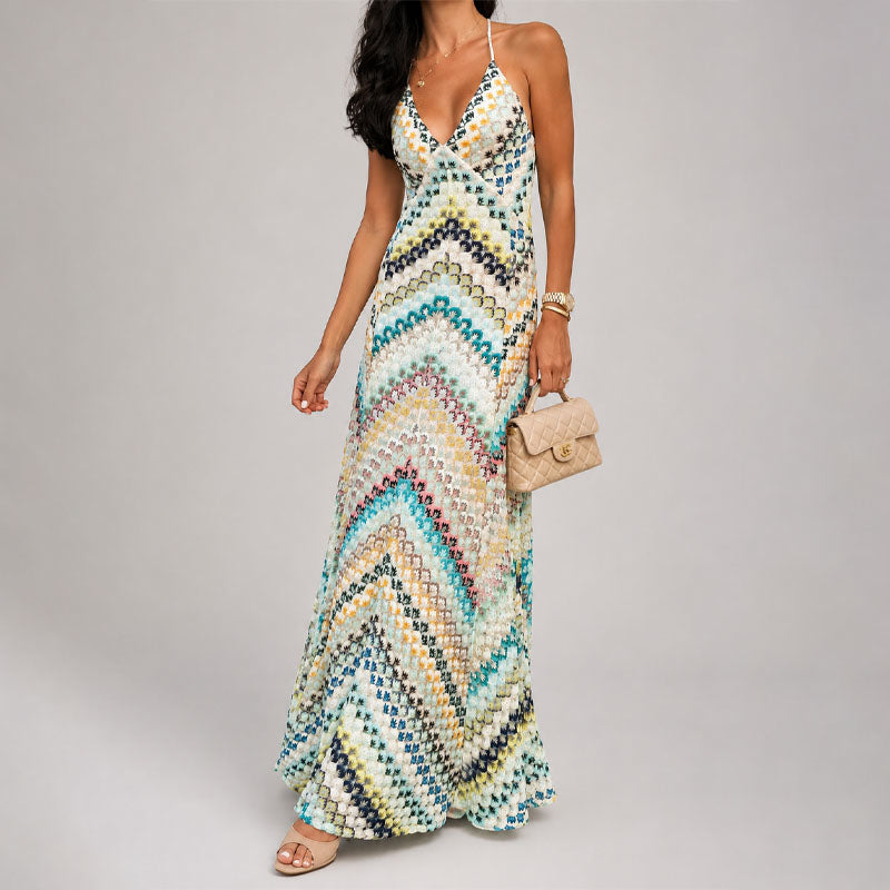 Lucienne - Women's Chevron Crochet Halter Maxi Dress