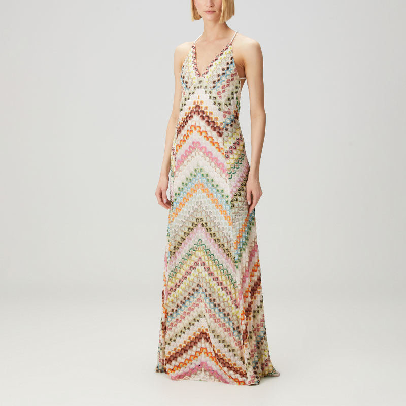 Lucienne - Women's Chevron Crochet Halter Maxi Dress